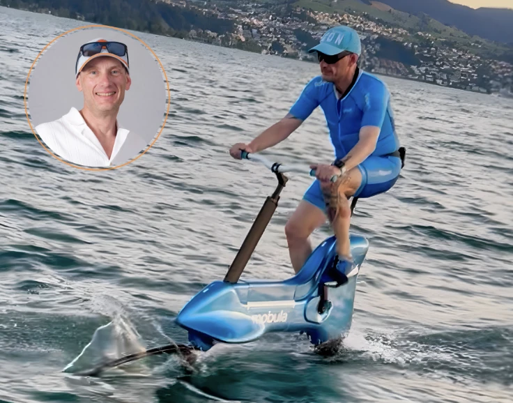 Cyrille C. Catel riding a Mobula bike foil — founder of the AbuDhabiAequora concept