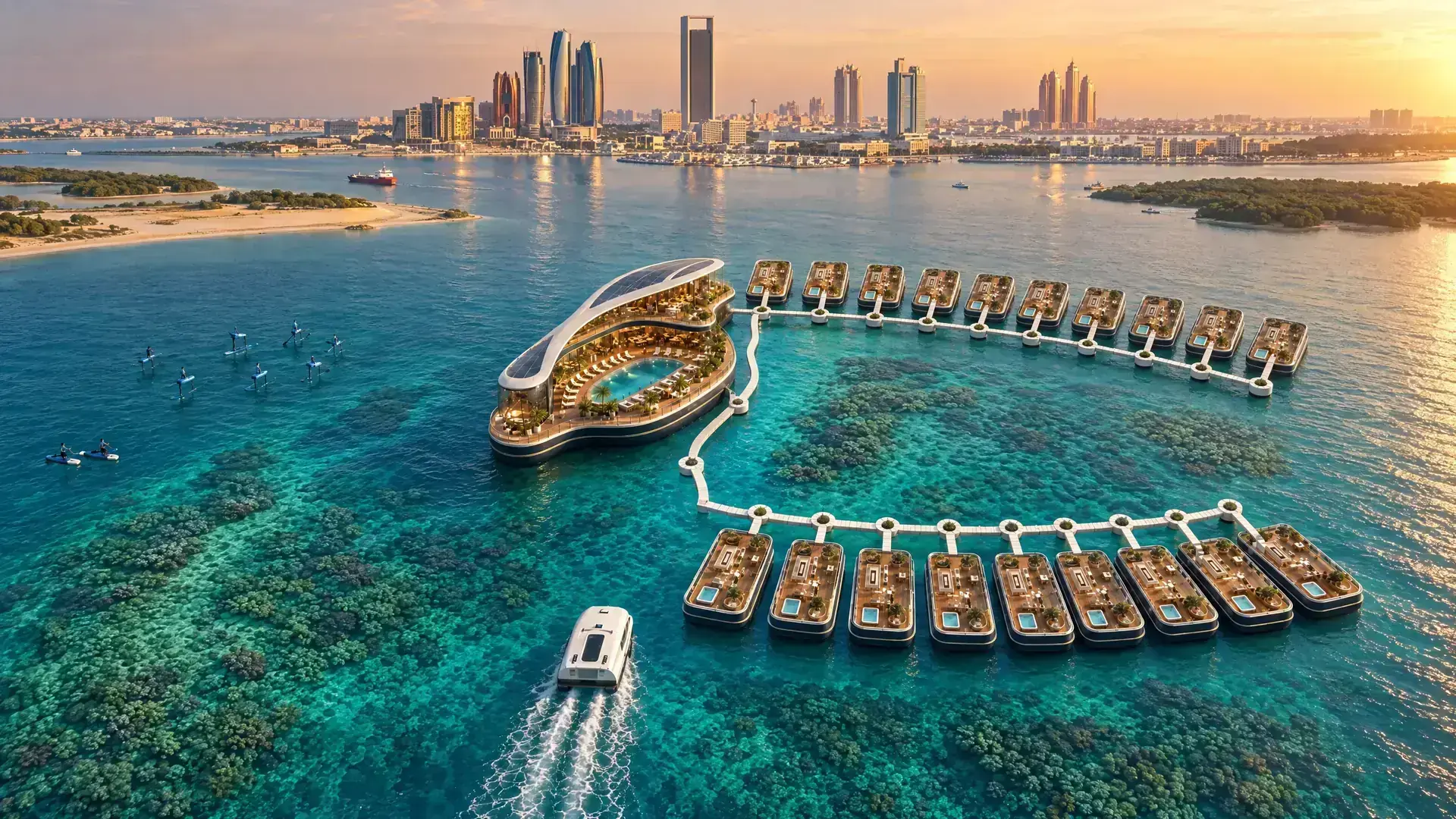 Illustrative aerial view of Aequora floating suites and hospitality hub off the Abu Dhabi coastline